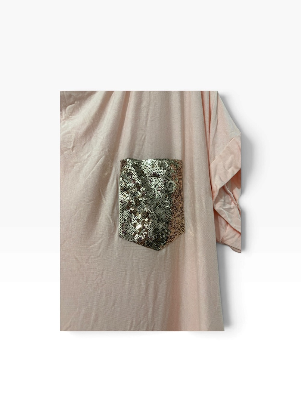 Boho Chic Pastel Pink Rolled Cuff T-Shirt Gold Sequins Pocket. PTP 24” - Picture 5 of 5